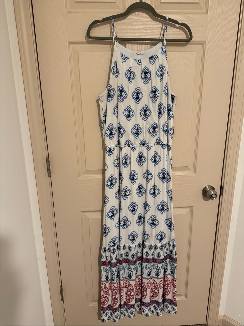 Maurices White Maxi Dress with Blue Pattern and Red Border